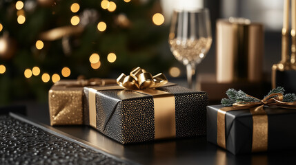 christmas gift box under christmas tree; concept / idea how to pack gifts; luxury gift wrapping; xmas holiday decoration with grey & gold wrapped boxes & glass of champagne