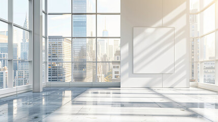 Sun shining through the windows of an empty modern office overlooking new york city