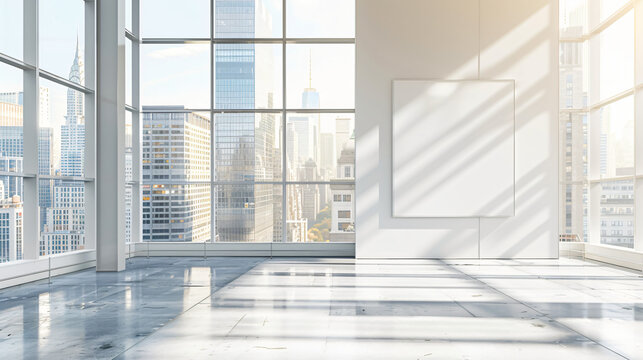 Fototapeta Sun shining through the windows of an empty modern office overlooking new york city