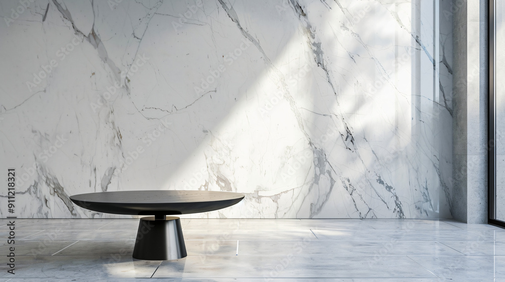 Poster minimalist interior design featuring a large marble wall with sunlight casting shadows from a window
