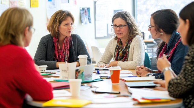 A group of educators gathered around a table in a brightly lit staff room, engaged in a lively discussion and sharing ideas, with coffee cups and notebooks scattered around, reflecting the