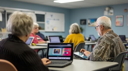 Seniors in a modern classroom, attentively following a technology class with tablets and laptops, the instructor guiding them through the lesson, emphasizing lifelong learning and digital literacy