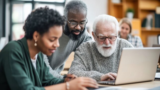 An elderly couple attending a community center class, learning how to use digital devices, the instructor patiently assisting them, showcasing the importance of digital literacy and community support