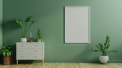 Modern interior design with a white empty frame hanging on a green wall in a room with a white sideboard and plants