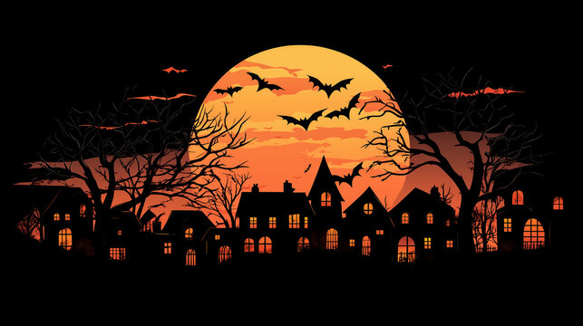 alloween houses in the background, silhouette vector illustration of Halloween's heavy moon and trees with silhouettes against an orange sky