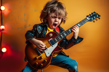 Obraz premium Little Boy Rocks Out on Electric Guitar