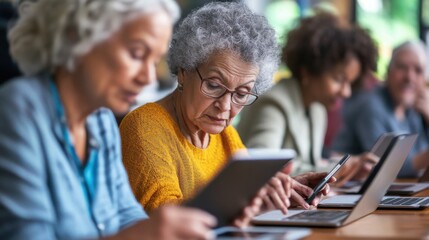 A group of seniors attentively following a technology class in a community center, using tablets and laptops, the instructor guiding them through the lesson, highlighting the importance of digital