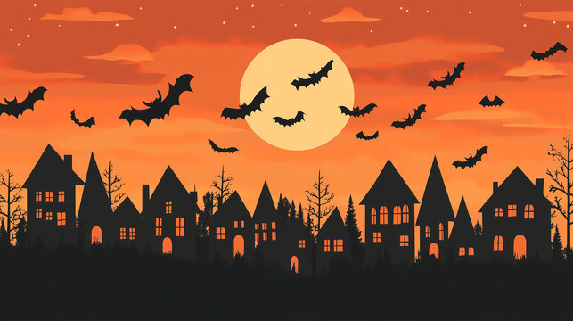 alloween houses in the background, silhouette vector illustration of Halloween's heavy moon and trees with silhouettes against an orange sky