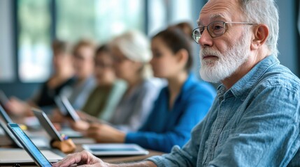 Seniors in a modern classroom, attentively following a technology class with tablets and laptops, the instructor guiding them through the lesson, emphasizing lifelong learning and digital literacy