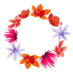 Watercolor frame of abstract flowers for greeting wedding card,logo,textile pattern.Flower frame,hand-painted watercolor.Watercolor flowers of different shapes and colors for design.