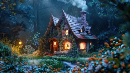 Fototapeta premium A cozy house background with a charming cottage nestled in a lush garden, warm light glowing from the windows, and a smoke plume rising from the chimney, evoking a sense of warmth and comfort