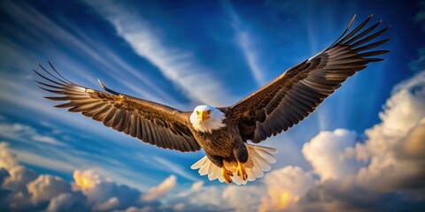 Obraz premium Bald eagle soaring through the sky with wings spread wide, Eagle, Bird, Wildlife, Animal, Flight, Majestic, Strong, Powerful