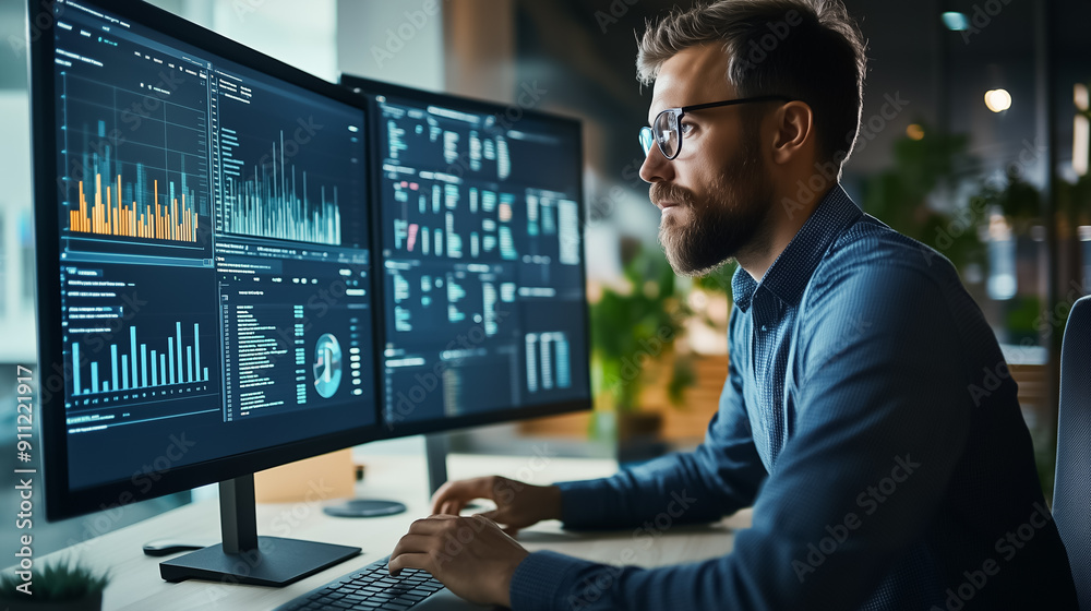 Poster focused data analyst is actively reviewing detailed interactive dashboards within a dynamic and mode