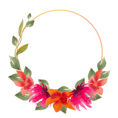 Watercolor frame of abstract flowers for greeting wedding card,logo,textile pattern.Flower frame,hand-painted watercolor.Watercolor flowers of different shapes and colors for design.