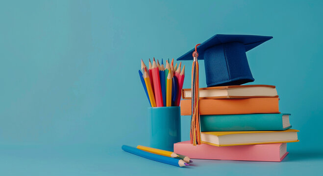 Graduation day.A mortarboard and graduation scroll on stack of books with pencils color in a pencil case on blue background.Education learning concept.