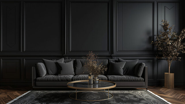 Luxurious living room with a black sofa and elegant decorations, creating a sophisticated and modern ambiance