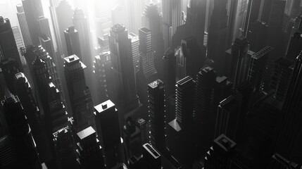 A monochrome background featuring a striking black and white cityscape with sharp contrasts and dramatic shadows, creating a timeless and sophisticated visual appeal