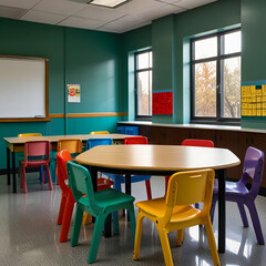 Fototapeta premium A school classroom with colorful chairs and tables for children, back to school concept. Ai generative