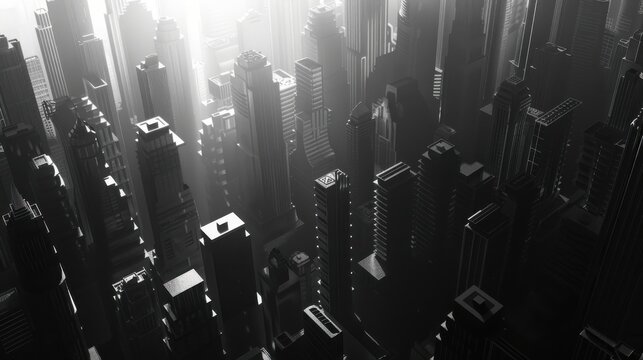 A monochrome background featuring a striking black and white cityscape with sharp contrasts and dramatic shadows, creating a timeless and sophisticated visual appeal