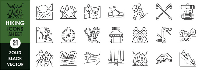 A set of line icons related to Hiking. Travel, walk, forest, mountain, compass, map, bag pack, trail, camping and so on. Vector outline icons set.