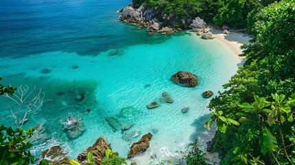 Fototapeta premium Tranquil Bay with Crystal-Clear Turquoise Water, White Sandy Beaches, and Lush Tropical Vegetation