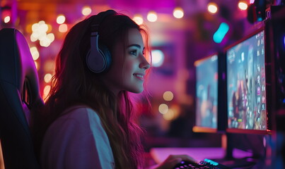 Young girl gamer playing using gamepad and headphones on computer PC, hobbies and gambling