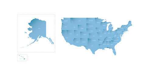 United States of America political map of administrative divisions - states and federal district Washington, D.C. Shaded vector map with 3D-like blue gradient and name labels