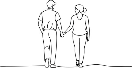 A man and woman are holding hands while walking down a street. The man is wearing a hat and the woman is wearing a shirt. The scene is simple and peaceful
