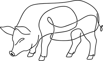 A pig is walking on a white background. The pig is drawn in a single line, giving it a simple and minimalist appearance. Concept of calmness and tranquility