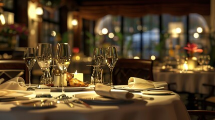 A restaurant background with a cozy, dimly lit interior, elegantly set tables with fine cutlery and wine glasses, and a welcoming atmosphere that invites guests to enjoy a luxurious dining experience
