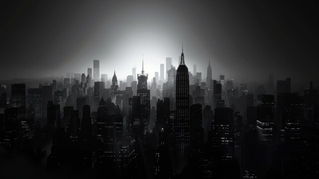 A monochrome background featuring a striking black and white cityscape with sharp contrasts and dramatic shadows, creating a timeless and sophisticated visual appeal