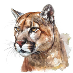 Obraz premium Watercolor painting of a puma head isolated on white background. Wildlife Animals.