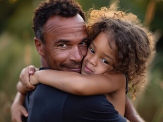 Fototapeta premium Heartwarming Embrace of a Young Girl and Adult in a Lush Green Garden During Daylight