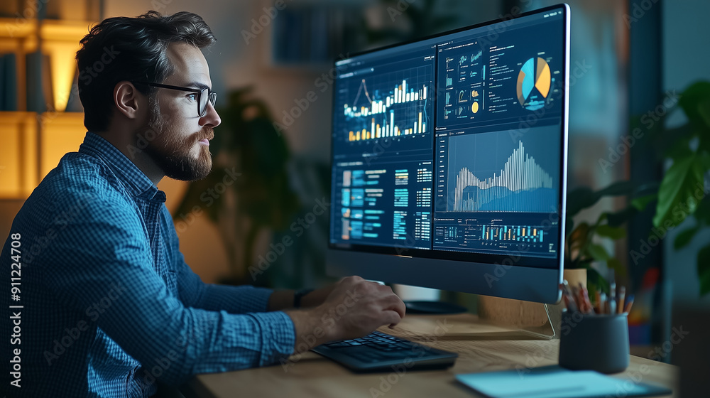 Poster focused data analyst is actively reviewing detailed interactive dashboards within a dynamic and mode