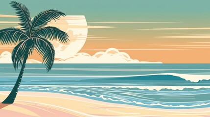 Obraz premium Palm Tree Silhouette on a Beach with a Sunset Sky and Ocean Waves