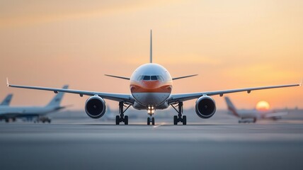 Dawn at a domestic airport, planes preparing for early morning departures, peaceful yet busy scene