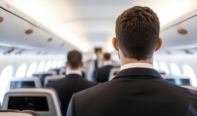 Domestic flight crew preparing the cabin before takeoff, attention to detail and safety