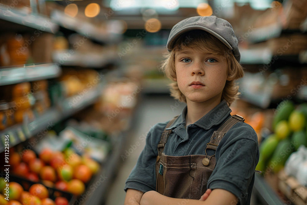 Wall mural AI generated image of small cute child in market seller costume