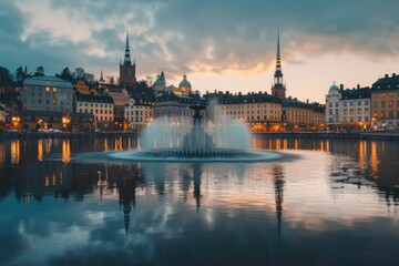 Fototapeta premium Water Fountain in Front of Stockholm Cityscape at Sunset
