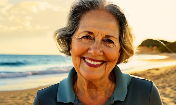 Portrait video of a Peruvian woman in her 50s wearing a sporty polo shirt against a beach background