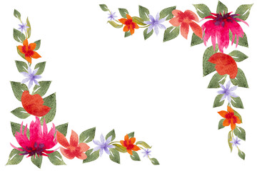 Watercolor frame of abstract flowers for greeting wedding card,logo,textile pattern.Flower frame,hand-painted watercolor.Watercolor flowers of different shapes and colors for design.