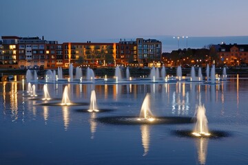 Illuminated Fountains in a Cityscape at Dusk