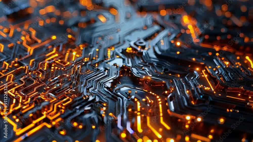 Poster circuit board design with glowing pathways and intricate patterns