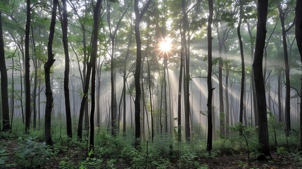 Fototapeta premium Sunbeams Through the Woods: A mystical and enchanting scene of sunlight piercing through a dense forest, casting ethereal beams through the misty air, creating a sense of serenity and wonder. 