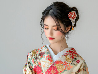A woman wearing a kimono with a flower in her hair