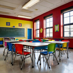 Fototapeta premium A school classroom with colorful chairs and tables for children, back to school concept. Ai generative