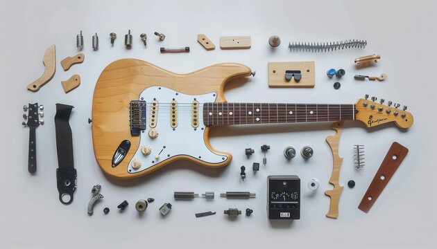 Disassembled Electric Guitar Parts Layout on White Surface With Accessories and Tools Present