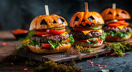 Halloween Burger banner. Halloween party creative burger concept with big beef patties with pumpkin head rolls, tomato and pepper on wooden board on dark background with moss. Copy space for text