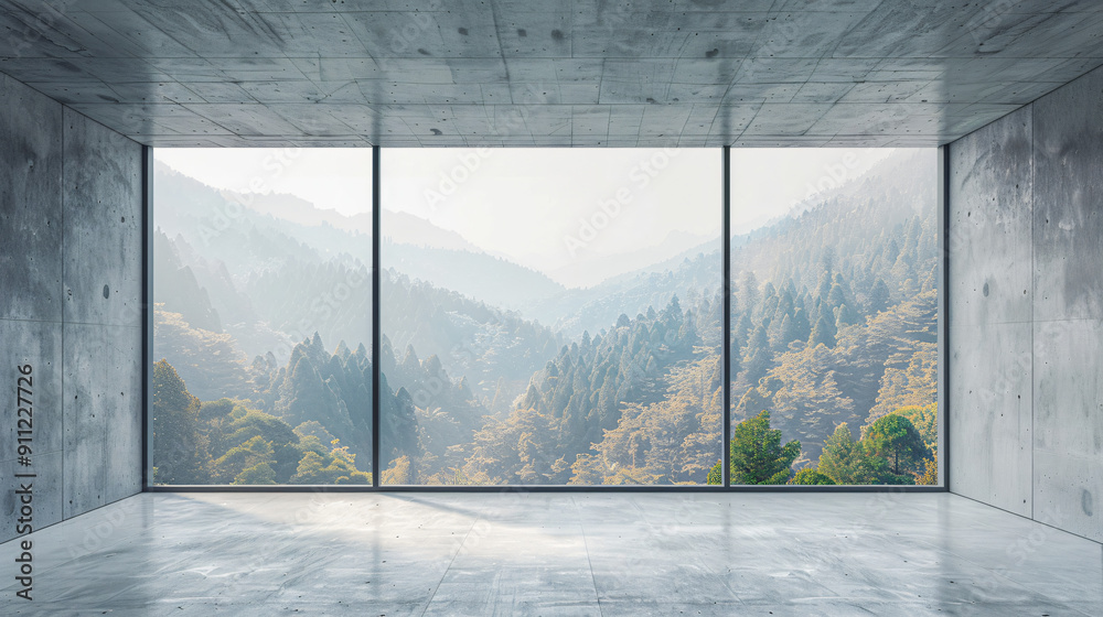 Poster Empty concrete room with large windows offering a view of a forest landscape