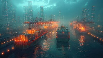 A large cargo ship sails through the ocean, its hull illuminated by lights.